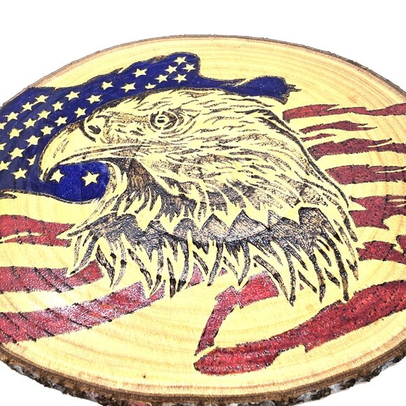 American Eagle wood burned colored art 18x11x.75 inch, oval, live edge - Picture 5 of 6